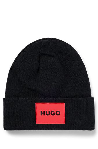 Kids' beanie hat with red logo label, Black
