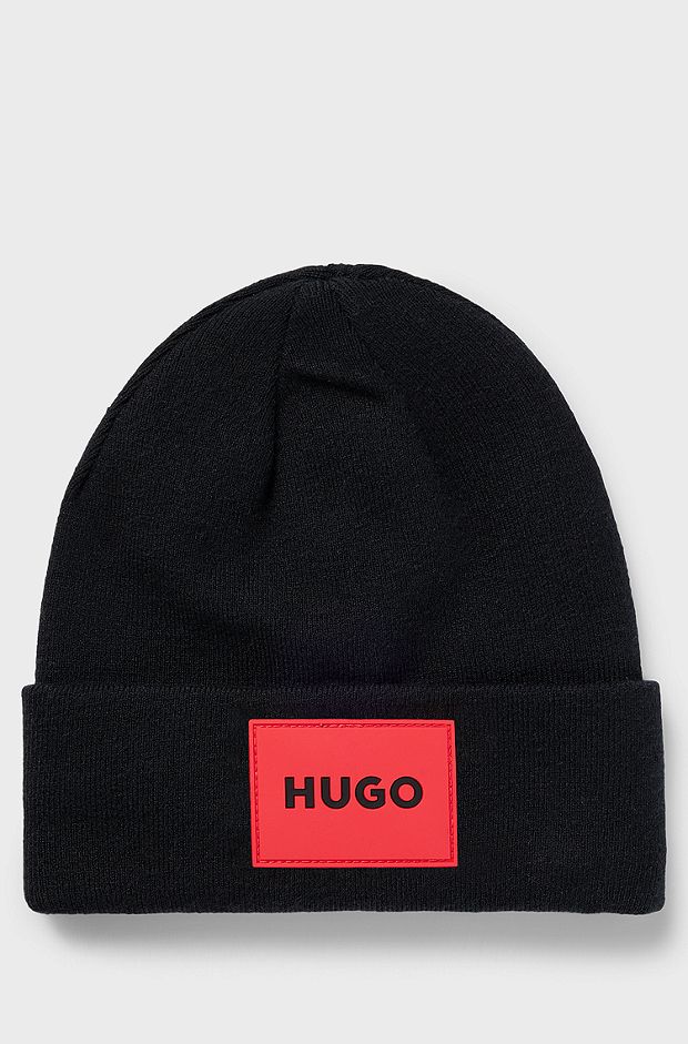 Kids' beanie hat with red logo label, Black