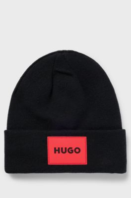 Kids' beanie hat with red logo label, Black