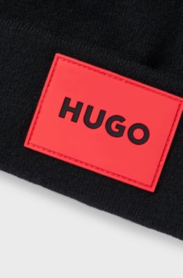 Kids' beanie hat with red logo label, Black