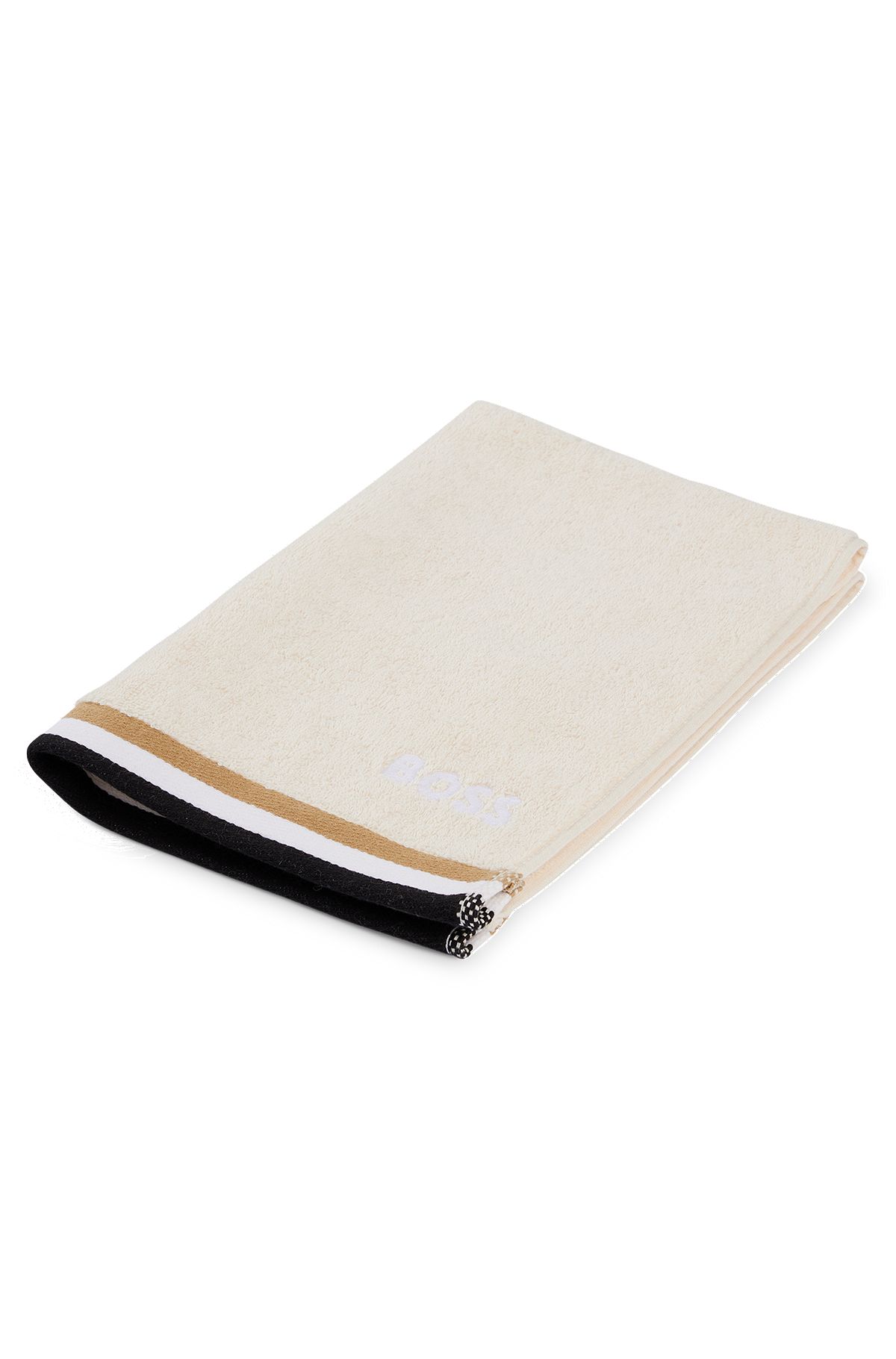 Gæstehåndklæde i bomuldsjacquard med kantbånd og logo, Lys beige