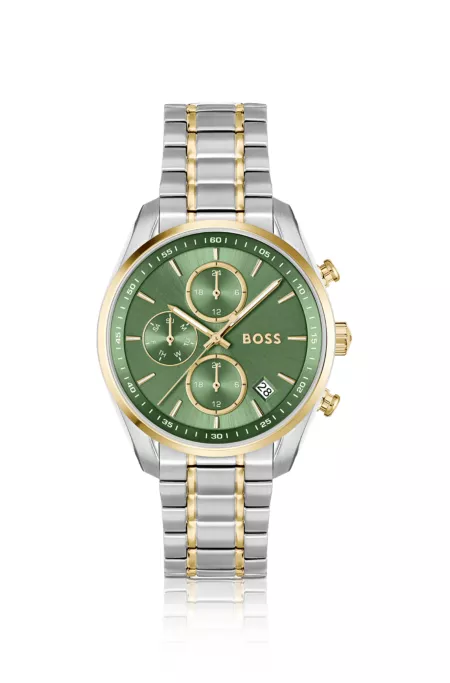 Two-tone watch with green dial and five-link bracelet