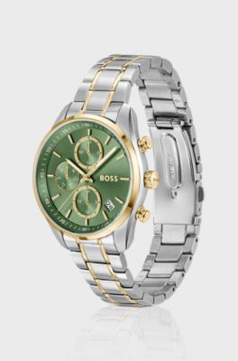 GRAND TOUR LADIES Two-tone watch with green dial and five-link bracelet, Silver