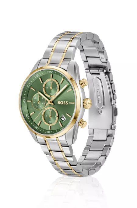 Two-tone watch with green dial and five-link bracelet