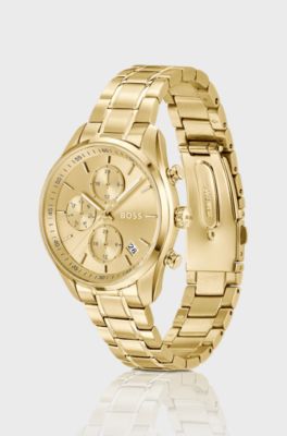 Gold-tone multifunction watch with curved case, Gold