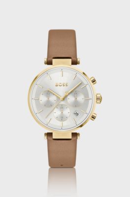 Gold-tone watch with T-bar case, Brown