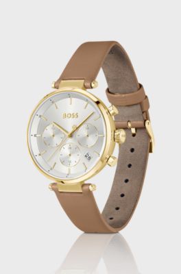 Gold-tone watch with T-bar case, Brown