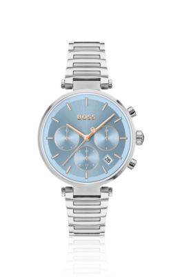Montre en acier inoxydable avec bo&icirc;tier en T et cadran bross&eacute; bleu layette, Argent
