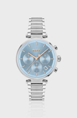Montre en acier inoxydable avec bo&icirc;tier en T et cadran bross&eacute; bleu layette, Argent