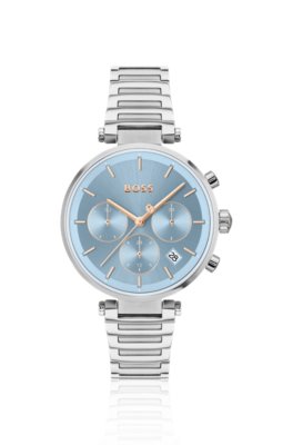 Montre en acier inoxydable avec boîtier en T et cadran brossé bleu layette