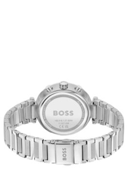 Montre en acier inoxydable avec bo&icirc;tier en T et cadran bross&eacute; bleu layette, Argent