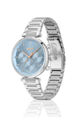 Montre en acier inoxydable avec bo&icirc;tier en T et cadran bross&eacute; bleu layette, Argent