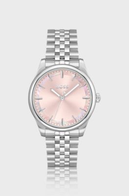 Domed-link bracelet watch with mother-of-pearl inlay, Silver