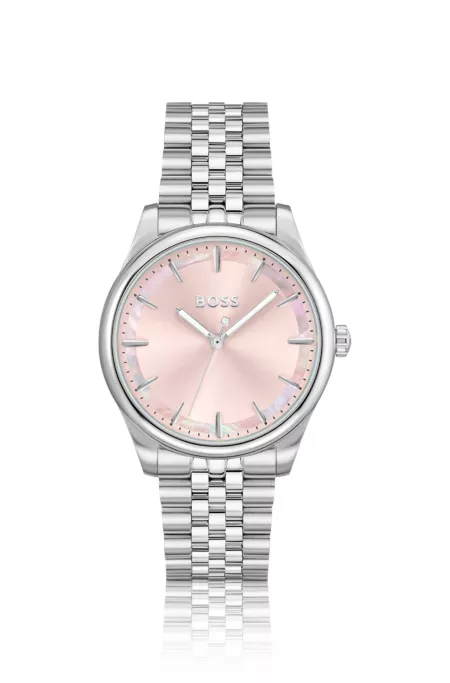 Domed-link bracelet watch with mother-of-pearl inlay