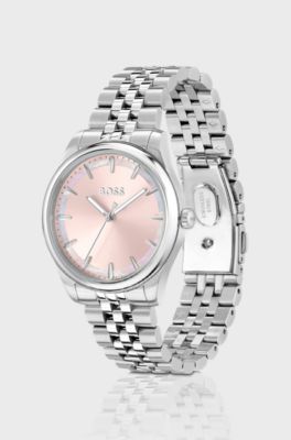 Domed-link bracelet watch with mother-of-pearl inlay, Silver