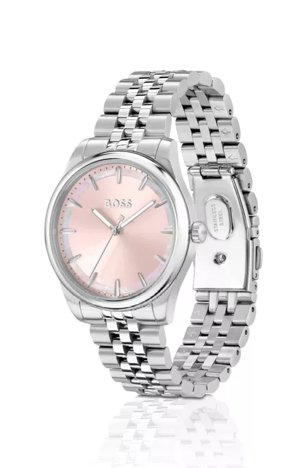 Domed-link bracelet watch with mother-of-pearl inlay