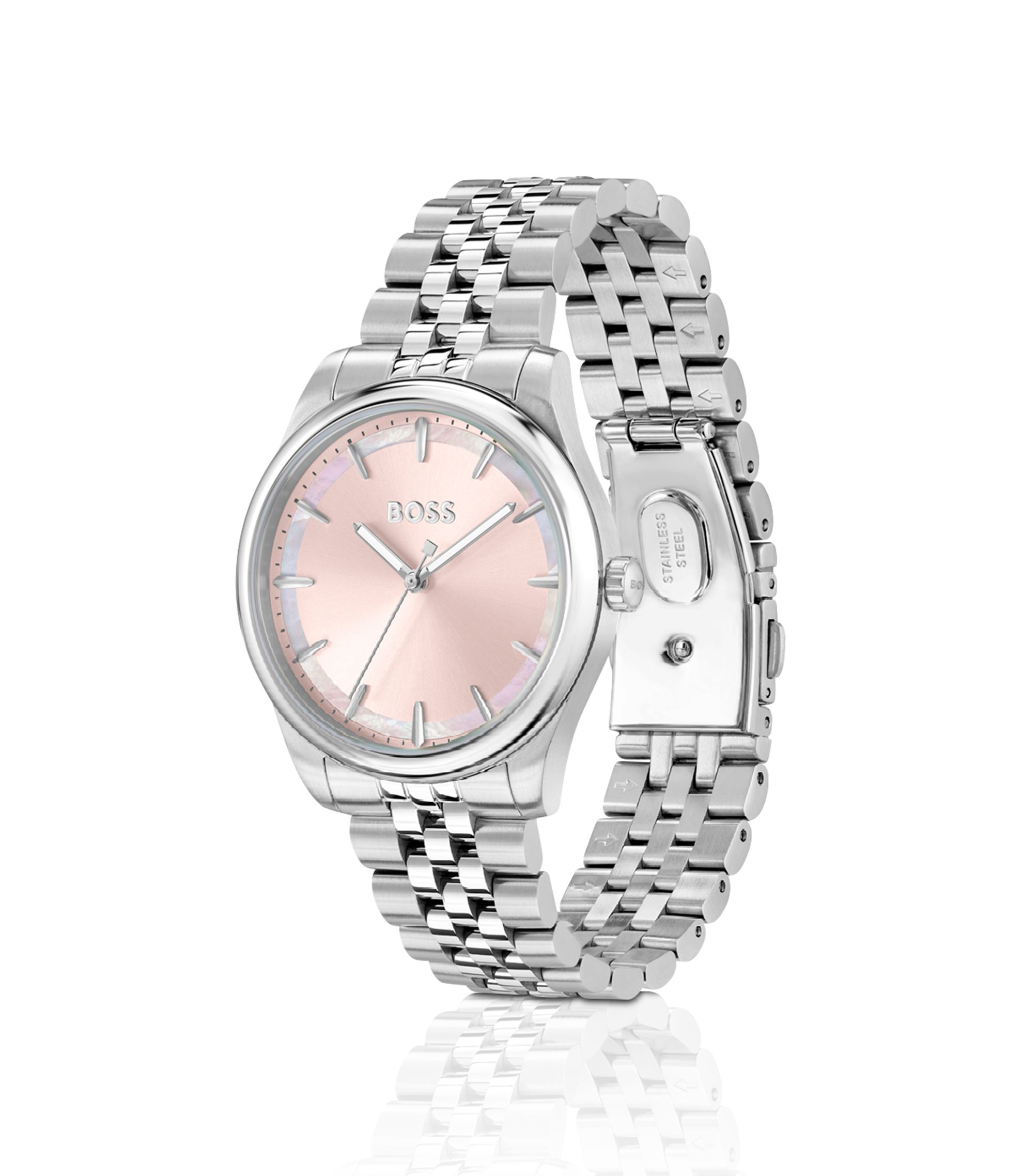 BOSS Uhr mit gewölbtem Gliederarmband und Perlmutt-Einsätzen