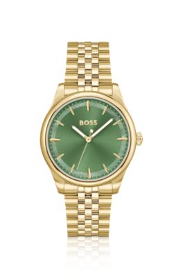 Gold-tone watch with green dial and pearlescent inlay, Gold