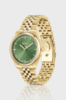 Gold-tone watch with green dial and pearlescent inlay, Gold