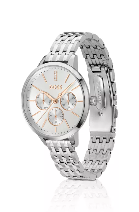 Silver-tone watch with crystal-studded dial