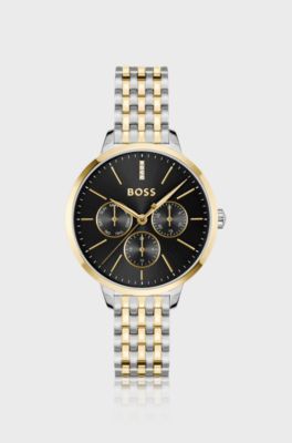 Crystal-studded black-dial watch in two-tone steel, Gold