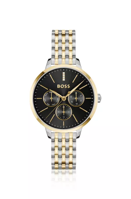 Crystal-studded black-dial watch in two-tone steel