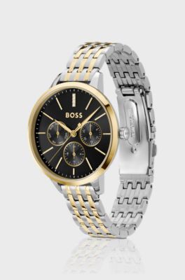 Crystal-studded black-dial watch in two-tone steel, Gold