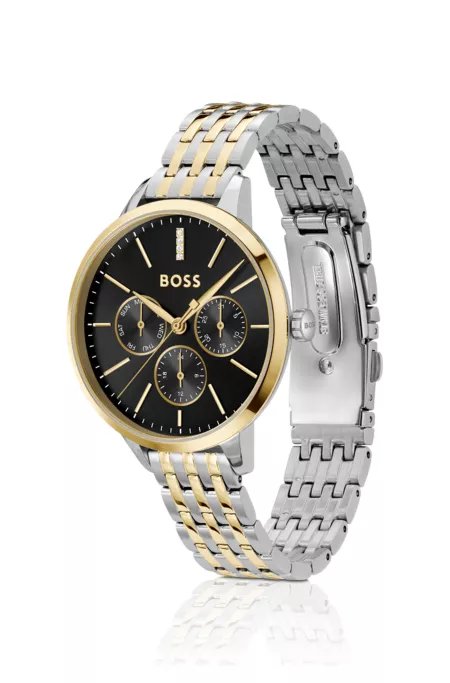 Crystal-studded black-dial watch in two-tone steel