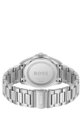 Silver-tone watch with black grooved dial, Silver