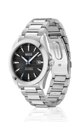 Silver-tone watch with black grooved dial, Silver