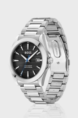 Silver-tone watch with black grooved dial, Silver