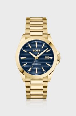 Gold-tone watch with blue ridged dial, Gold