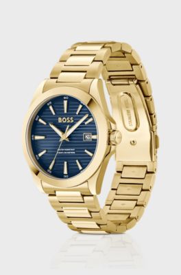 Gold-tone watch with blue ridged dial, Gold