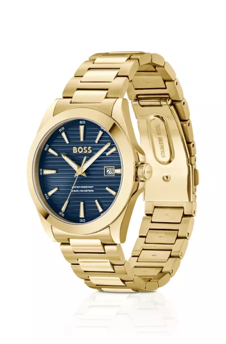 Gold-tone watch with blue ridged dial