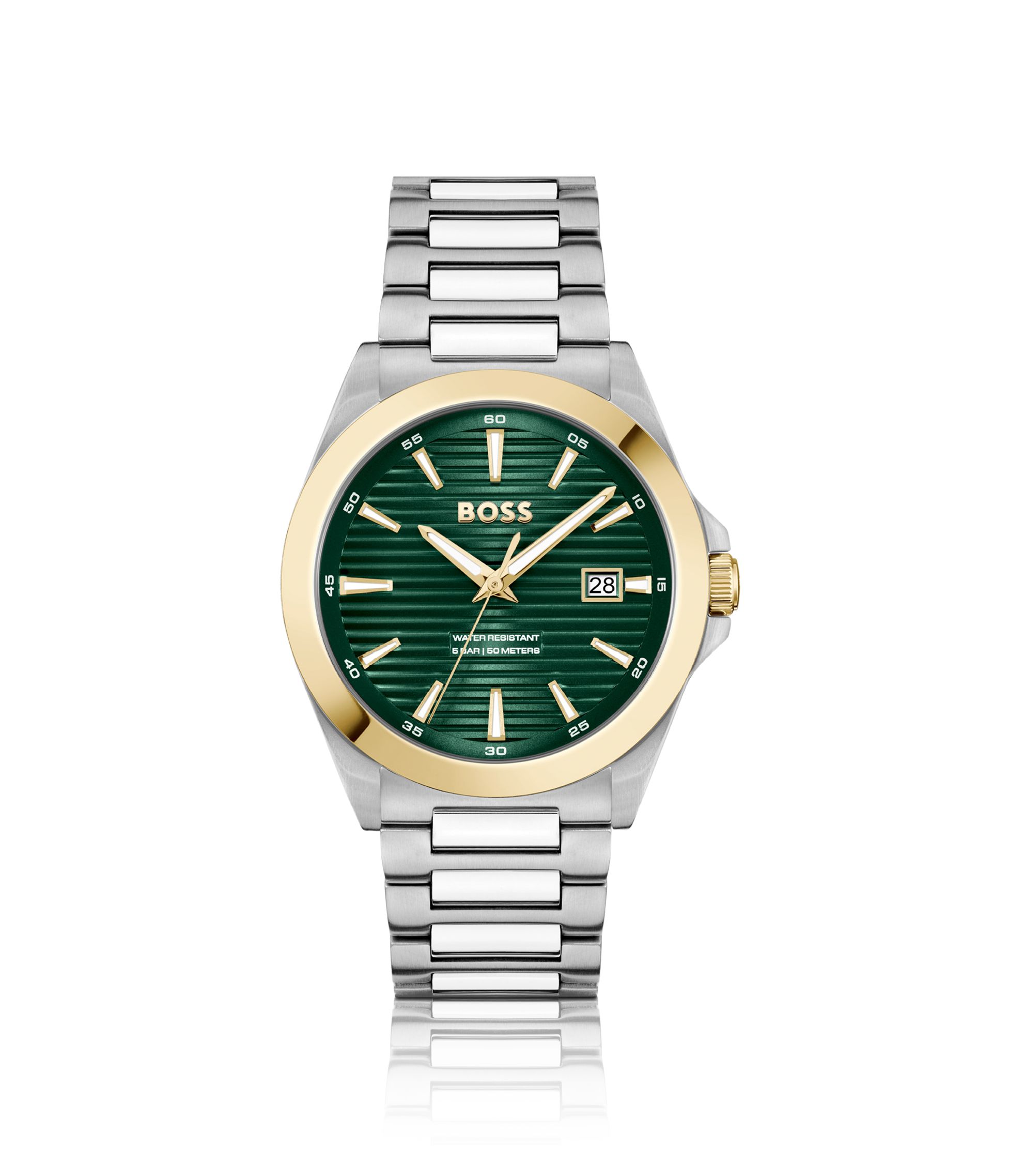 BOSS Gold- und silberfarbene Uhr mit gerilltem grünem