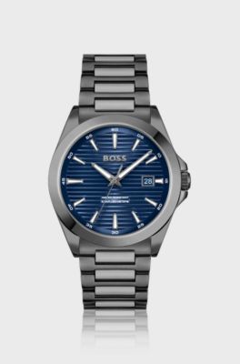 Grey-plated watch with blue ridged dial, Dark Grey