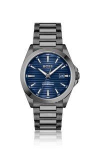 Grey-plated watch with blue ridged dial, Dark Grey