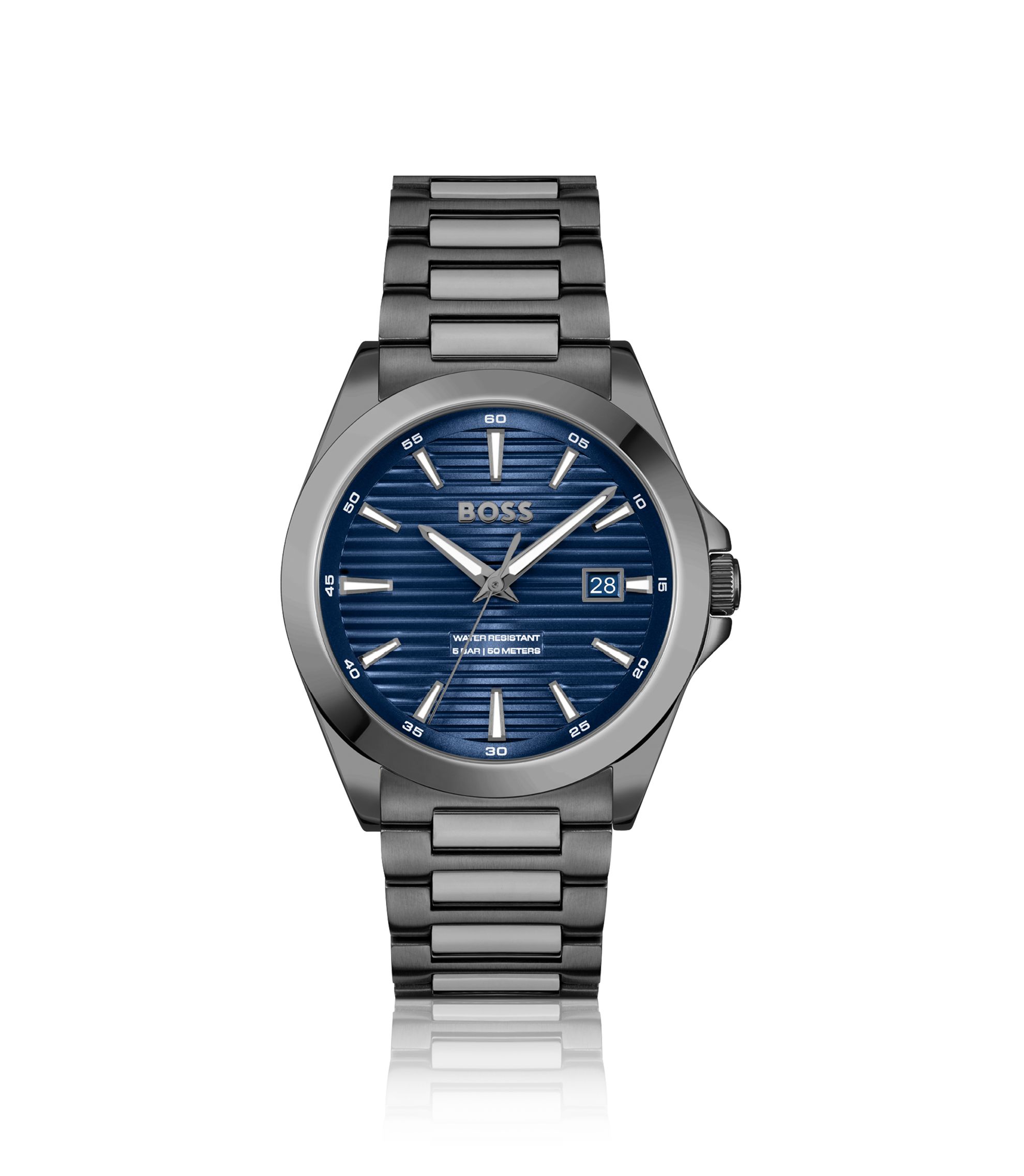 Grau beschichtete Uhr mit blauem geriffeltem Zifferblatt