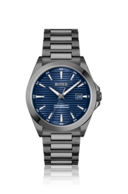 Montre en acier plaqué gris à cadran bleu rainuré