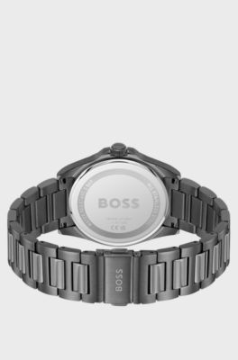 Grey-plated watch with blue ridged dial, Dark Grey