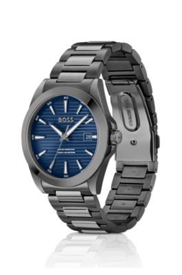 Grau beschichtete Uhr mit blauem geriffeltem Zifferblatt, Dunkelgrau