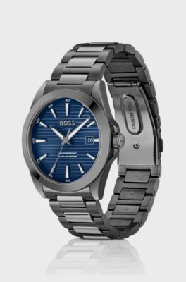 Grey-plated watch with blue ridged dial, Dark Grey
