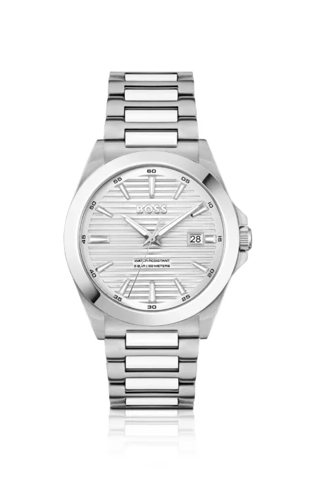 Brushed-and-polished stainless-steel watch with grooved dial