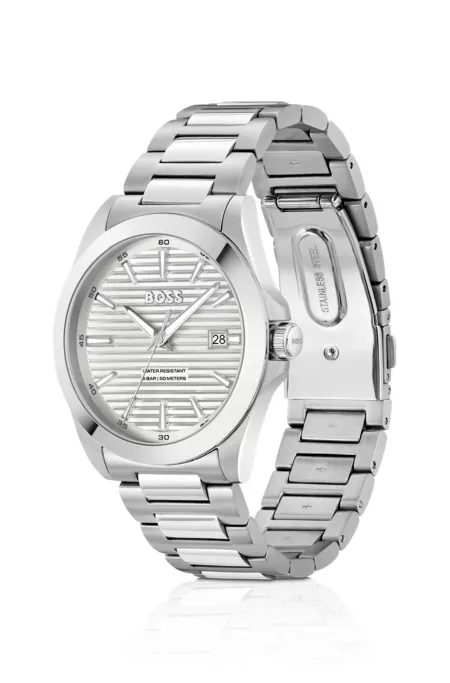 Brushed-and-polished stainless-steel watch with grooved dial