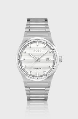 Silver-tone automatic watch with white grooved dial, Silver