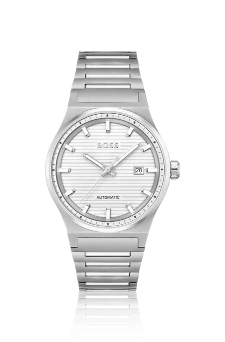 Silver-tone automatic watch with white grooved dial