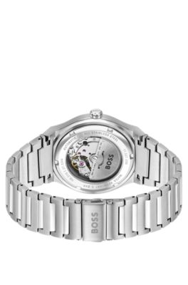 Silver-tone automatic watch with white grooved dial, Silver