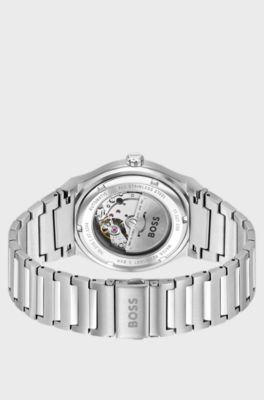 Silver-tone automatic watch with white grooved dial, Silver