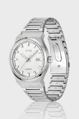 Silver-tone automatic watch with white grooved dial, Silver