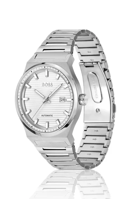 Silver-tone automatic watch with white grooved dial